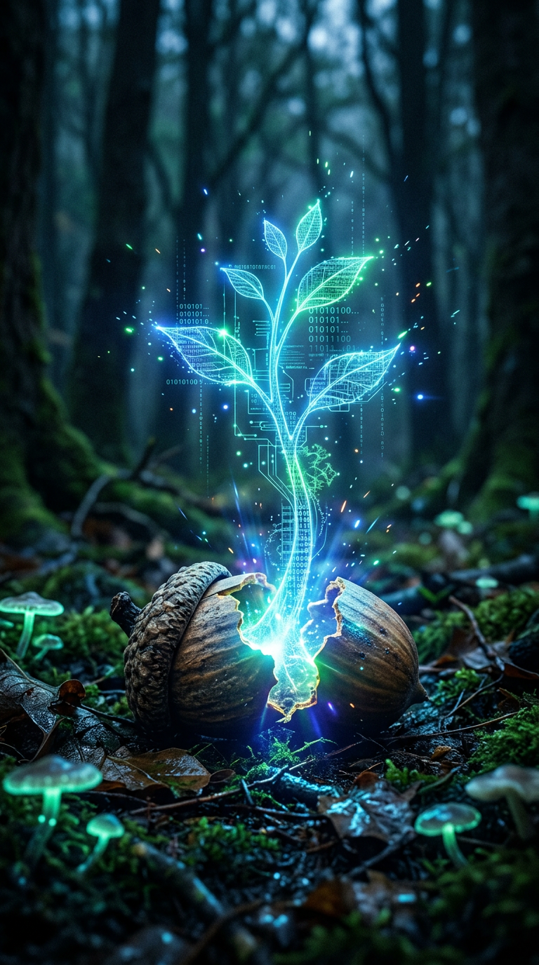 A glowing digital tree sprouting from an acorn - representing Acorn Media's digital growth approach